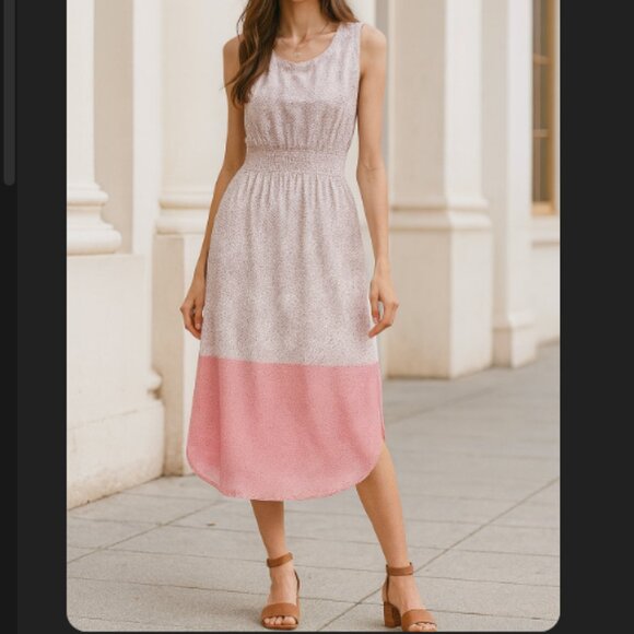 GAP Pink Paisley Color Block Smocked Midi Dress - Picture 1 of 6